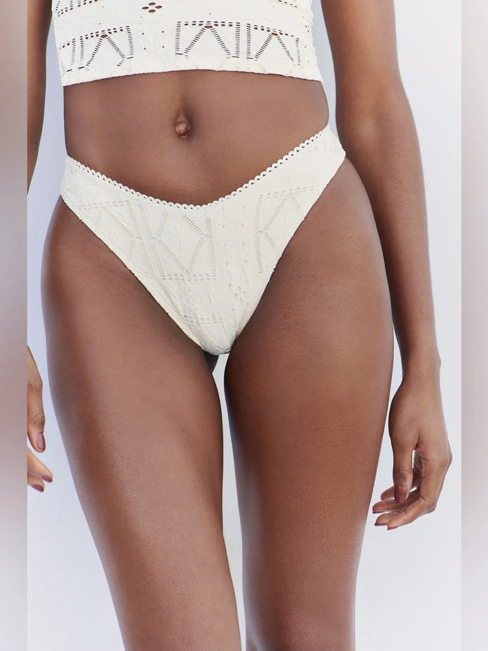 Frankie’s Bikinis Patchwork Enzo Cheeky Bikini Bottom and Top Set in Angel Dust